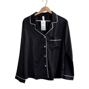 Stars Above Women's Black Satin‎ Long Sleeve Notch Collar Pajama Top Sleep Shirt